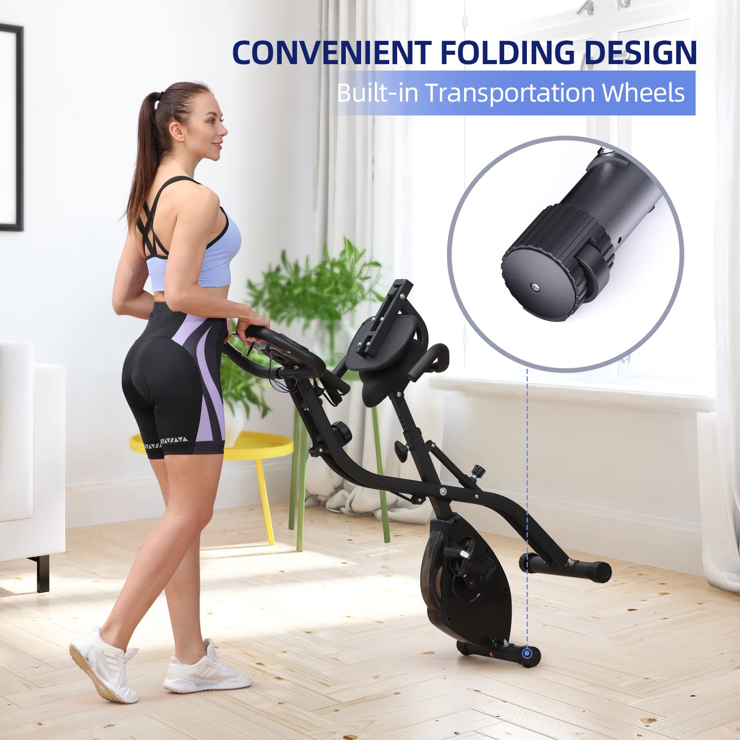 Foldable Exercise Bike for Home Gym - Sportneer 4-in-1 Indoor Cycling Bike with 16-Level Magnetic Resistance, Arm Resistance Bands & PVC Floor Mat | Perfect for Cardio, Strength Training & Small Space Workouts