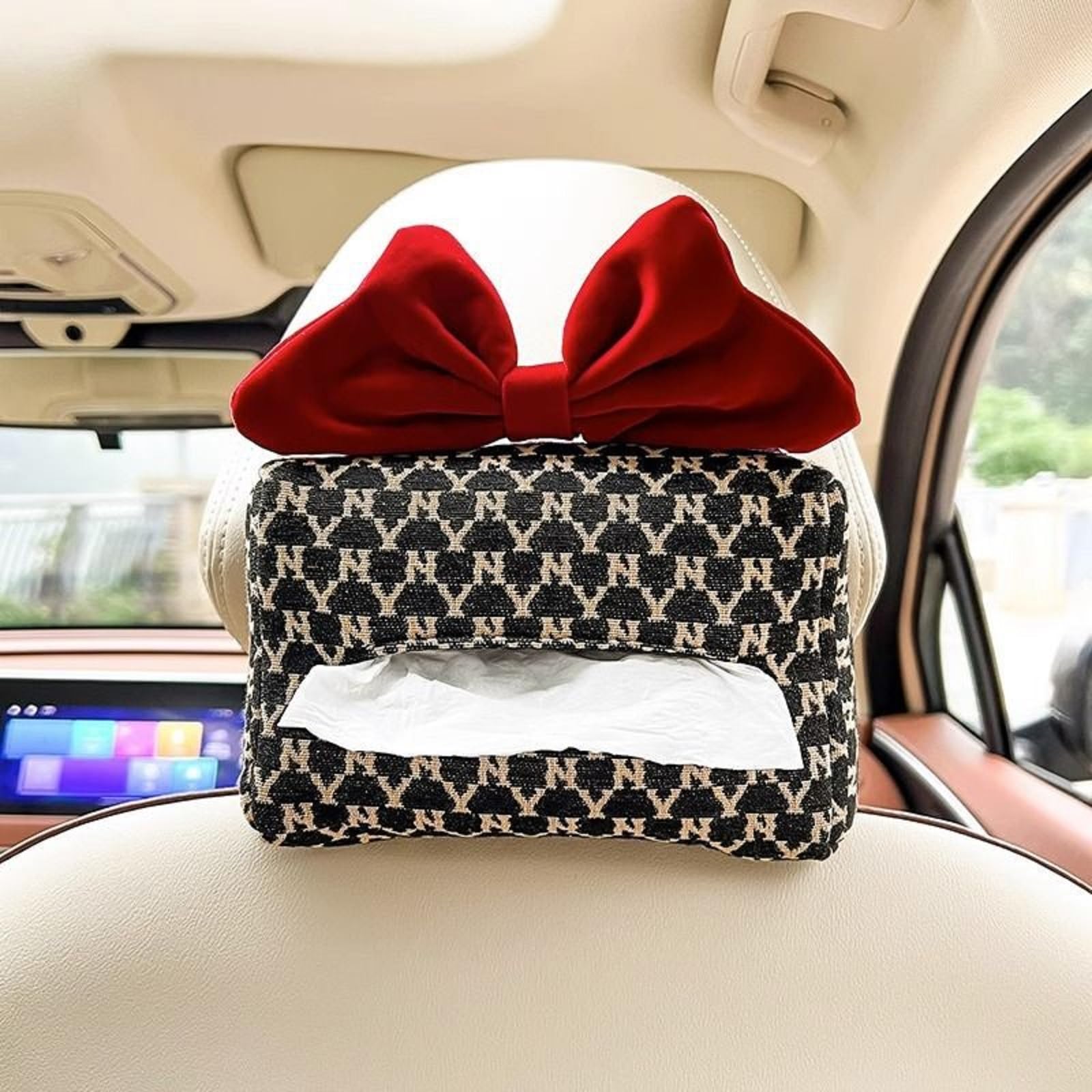 KAYNO Red Car Tissue Box Holder - Decorative Rectangular Fabric Cover with Retractable Buckle for Car Headrest, Visor & Console - Perfect for Road Trips, Commuting & Daily Car Organization