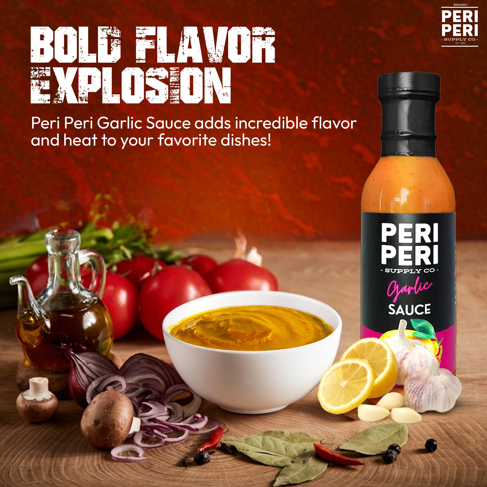 DiChickO's Peri-Peri Garlic Hot Sauce - 12 fl oz Vegan Piri Piri Sauce Bottle - Tangy African Chili Sauce for Chicken Wings, Grilled Meats, French Fries & Seafood - Made in USA - Perfect for BBQ, Parties & Home Cooking