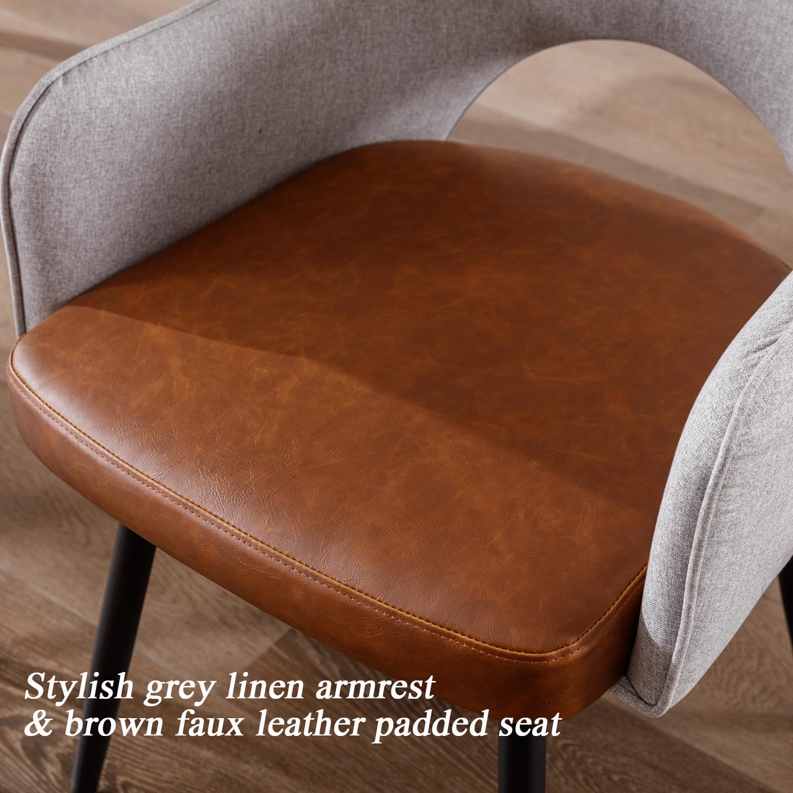 Modern Swivel Dining Chairs Set of 2 - Linen & Faux Leather Upholstered Accent Side Chairs for Home, Office & Living Room - No Wheels Desk Chair in Light Grey - Perfect for Dining Areas, Workstations & Lounge Spaces