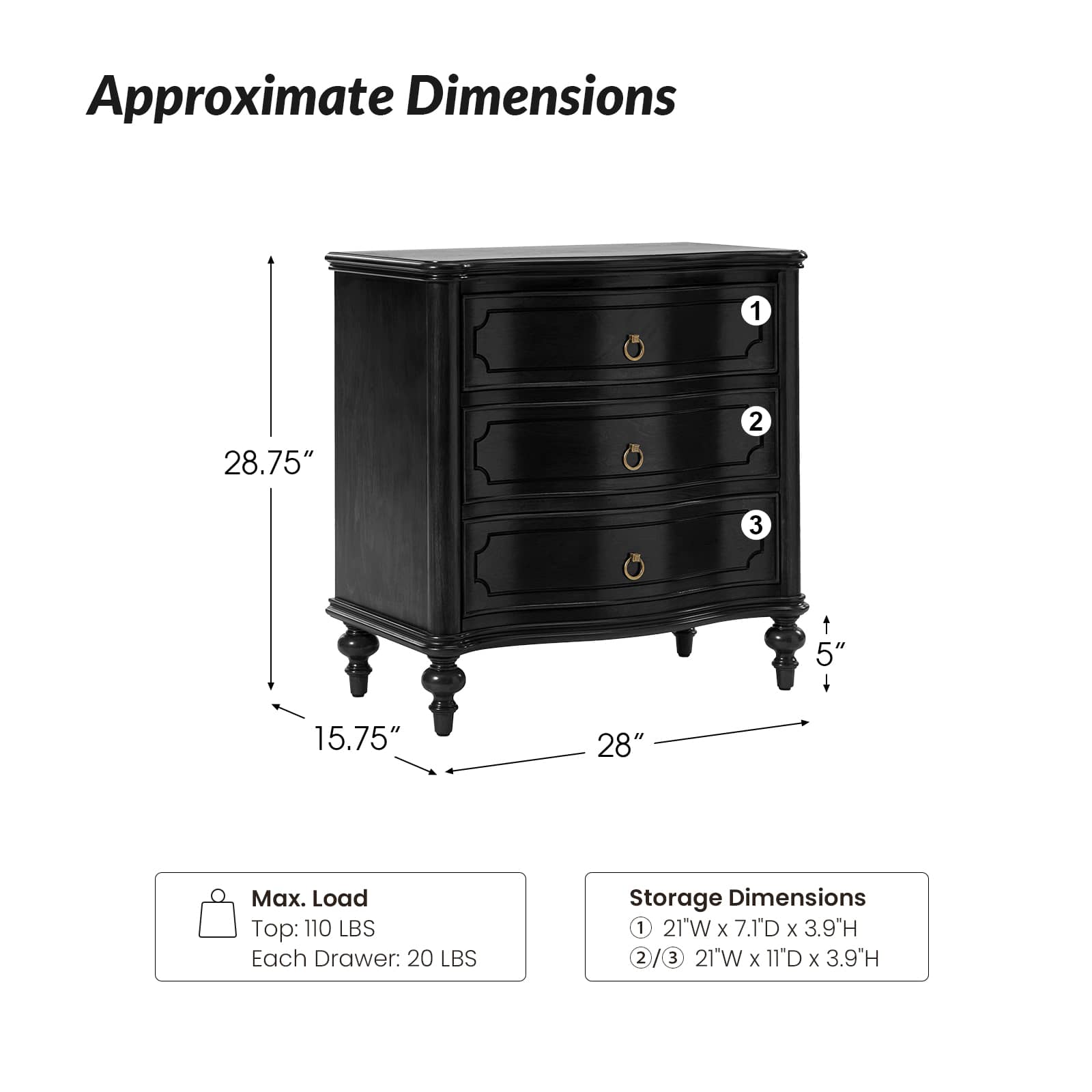 Bernhard 3 Drawer Traditional Nightstand with USB Outlets - Solid Wood Bedside Table for Bedroom, Living Room & Office - Charging Station & Storage Cabinet