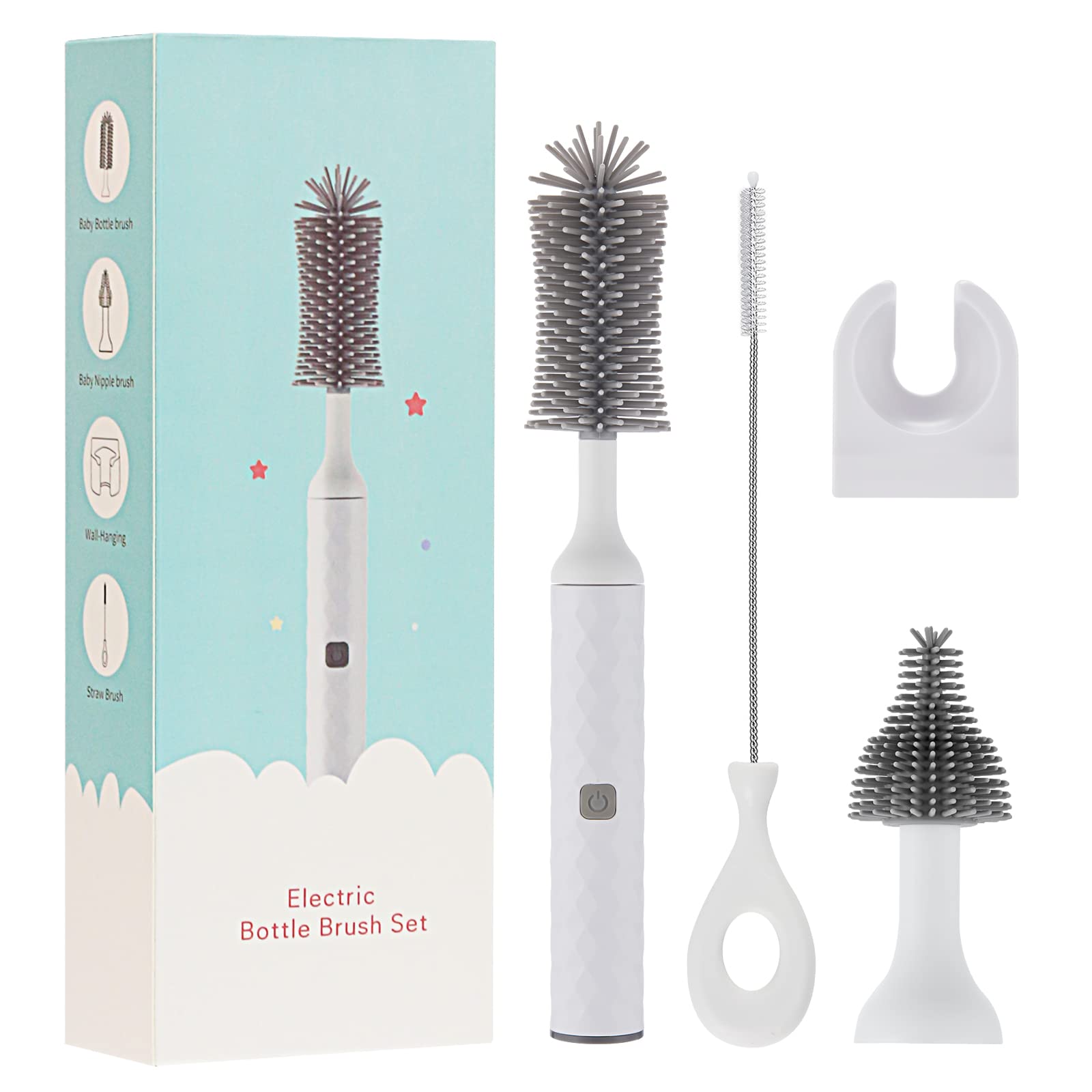 Electric Bottle Brush Cleaner with Silicone Brush Head - Rechargeable & Waterproof for Baby Bottles, Nipples, Straws - Wall Mountable - White - Perfect for Cleaning Hard-to-Reach Spots in Bottles, Cups, and Kitchenware