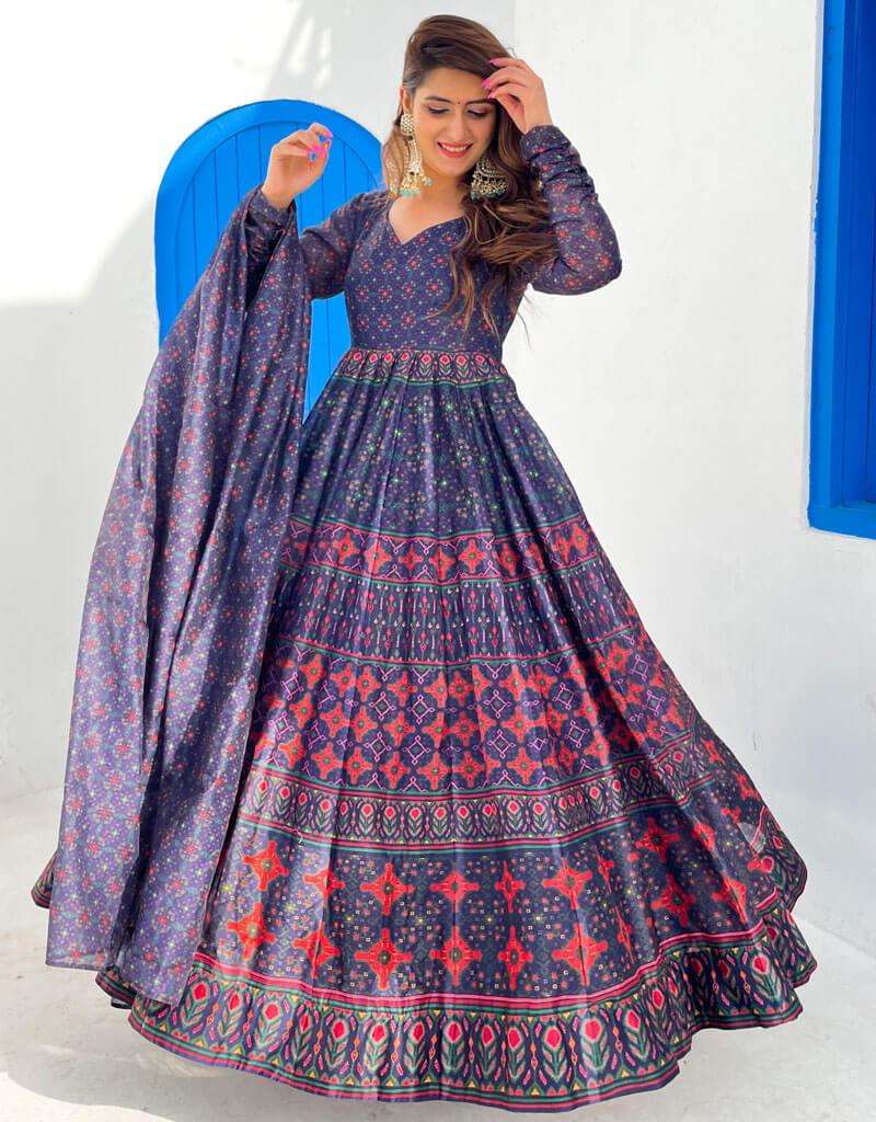 Elegant Blue Chanderi Anarkali Gown for Women - Traditional Indian Party Dress for Weddings, Festivals & Special Occasions
