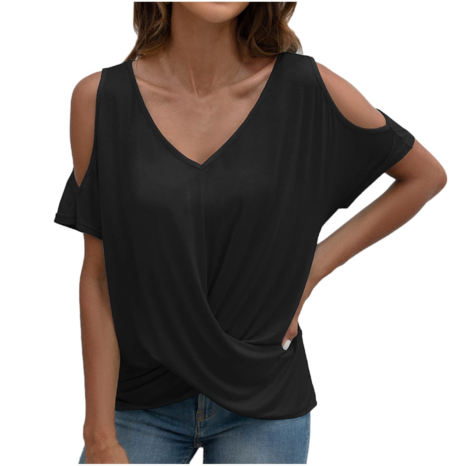 Wirziis Women's Summer T-Shirts - Puff Short Sleeve Tunic Tops, Solid Color V-Neck Loose Fit Blouses, Casual Pleated Tee Shirts for Beach, Vacation & Everyday Wear