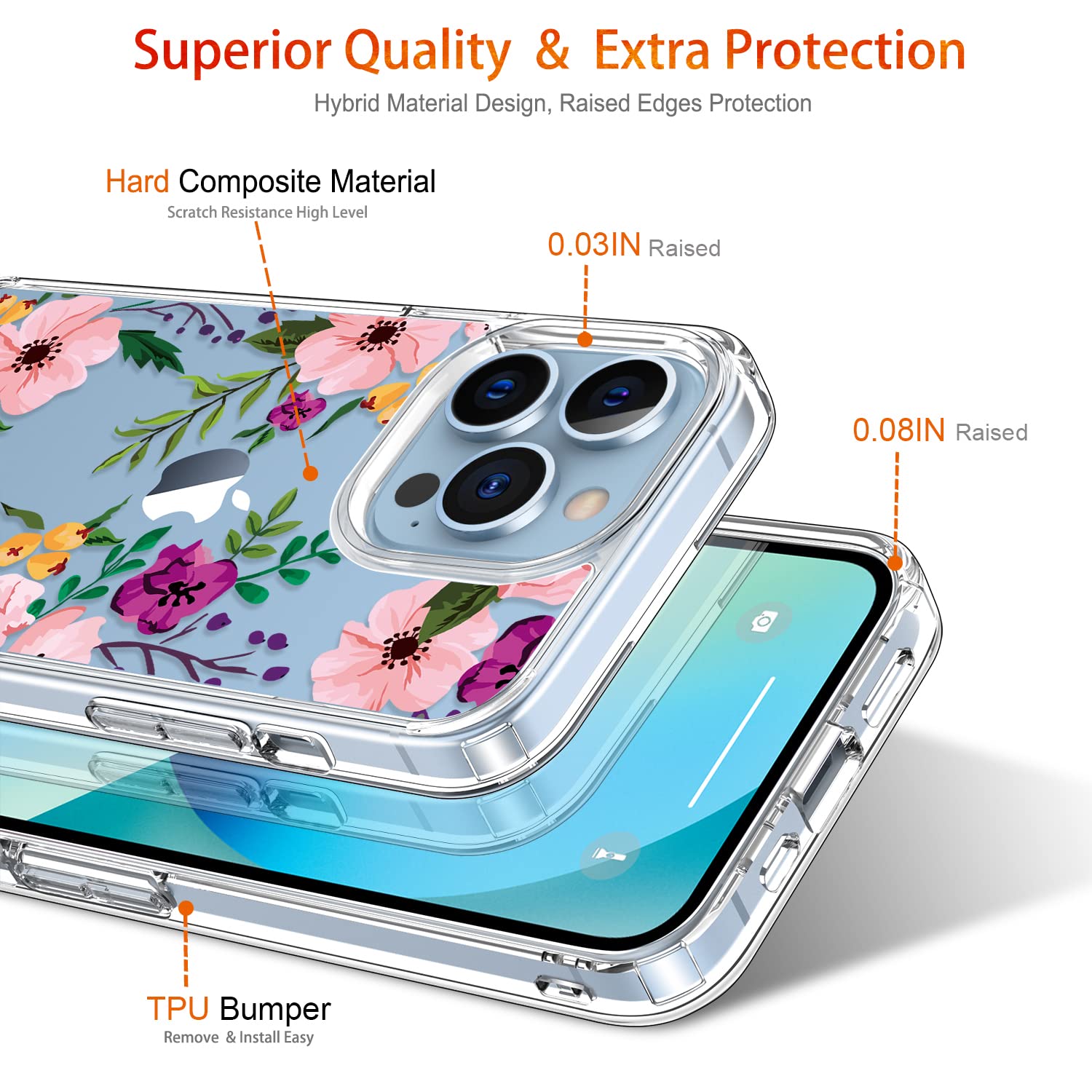 GiiKa iPhone 13 Pro Case with Screen Protector - 6.1 Inch Clear Shockproof Protective Case for Women, Floral Design Hard Case with TPU Bumper Cover - Perfect for Everyday Use, Work, and Travel Protection