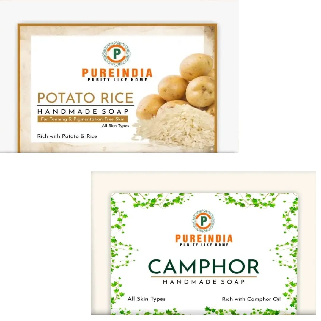 PureIndia Handmade Camphor Soap & Potato Rice Soap - Natural Skin Whitening & Brightening for Face & Body (Pack of 2, 100g Each) | All-Day Freshness | Perfect for Daily Cleansing & Glowing Skin Routine