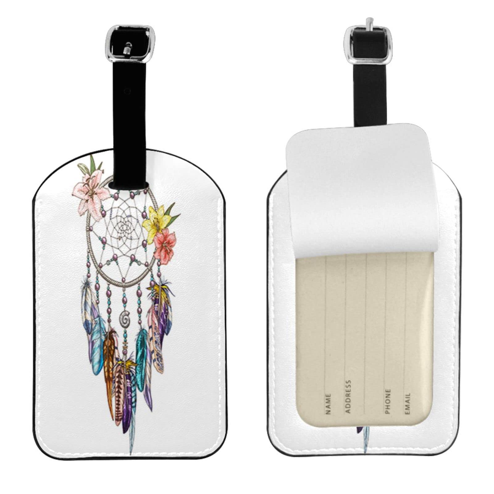 Hand-Painted Boho Floral Feather Luggage ID Tag - Leather Travel Accessories for Suitcases & Bags - Perfect for Vacation, Airports & Unique Gift Giving