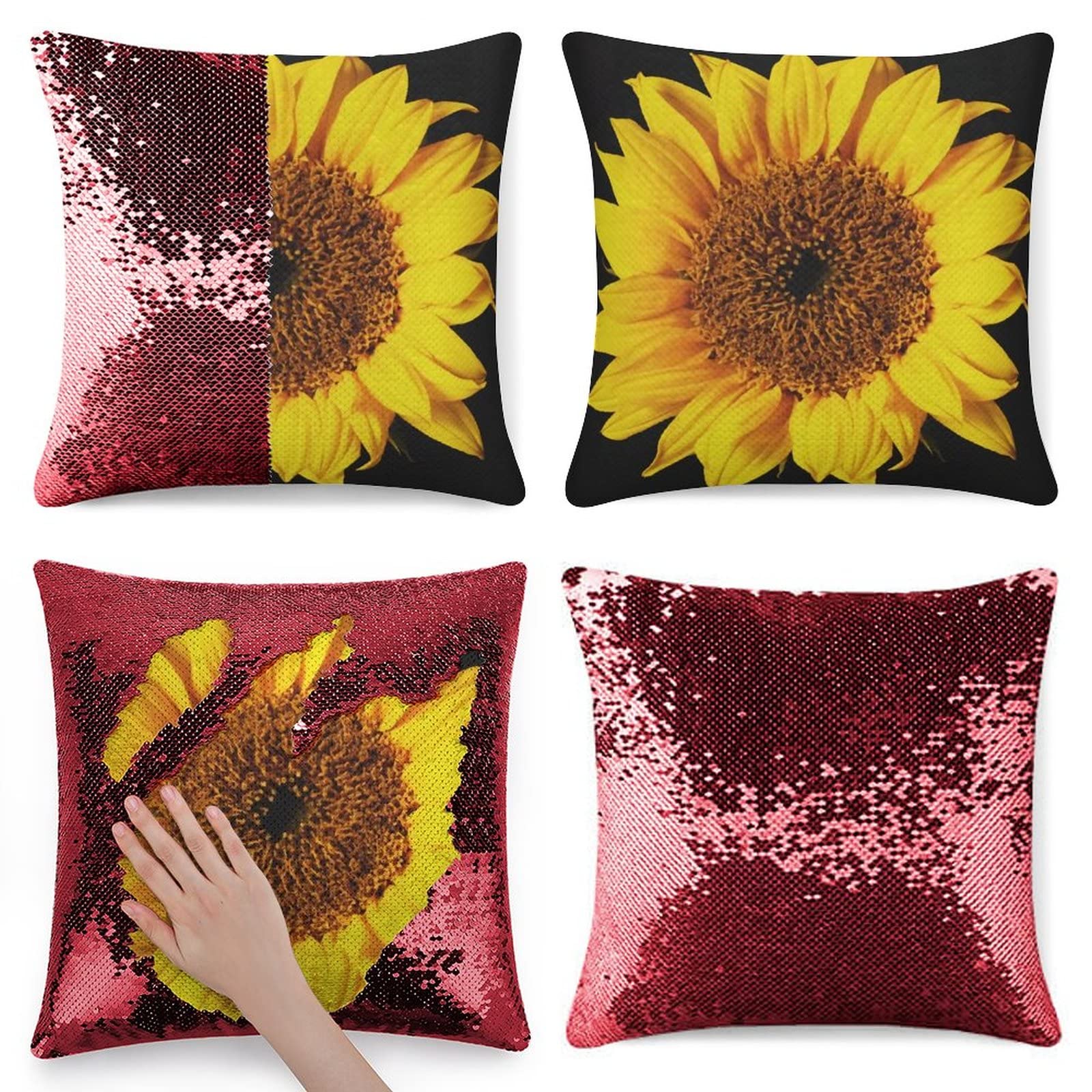Sparkling Sequin Throw Pillow Covers 15.7x15.7 Inch - Sunflower Design Decorative Square Cushion Cases for Sofa, Bedroom, Living Room - Soft Pink Home Decor for Girls Room & Cozy Reading Nook
