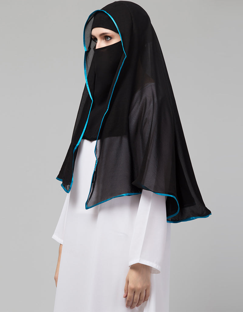 Black with Aqua Blue Polyester Georgette Head Scarf - Lightweight Muslim Hijab for Women - Perfect for Daily Wear, Prayer & Special Occasions