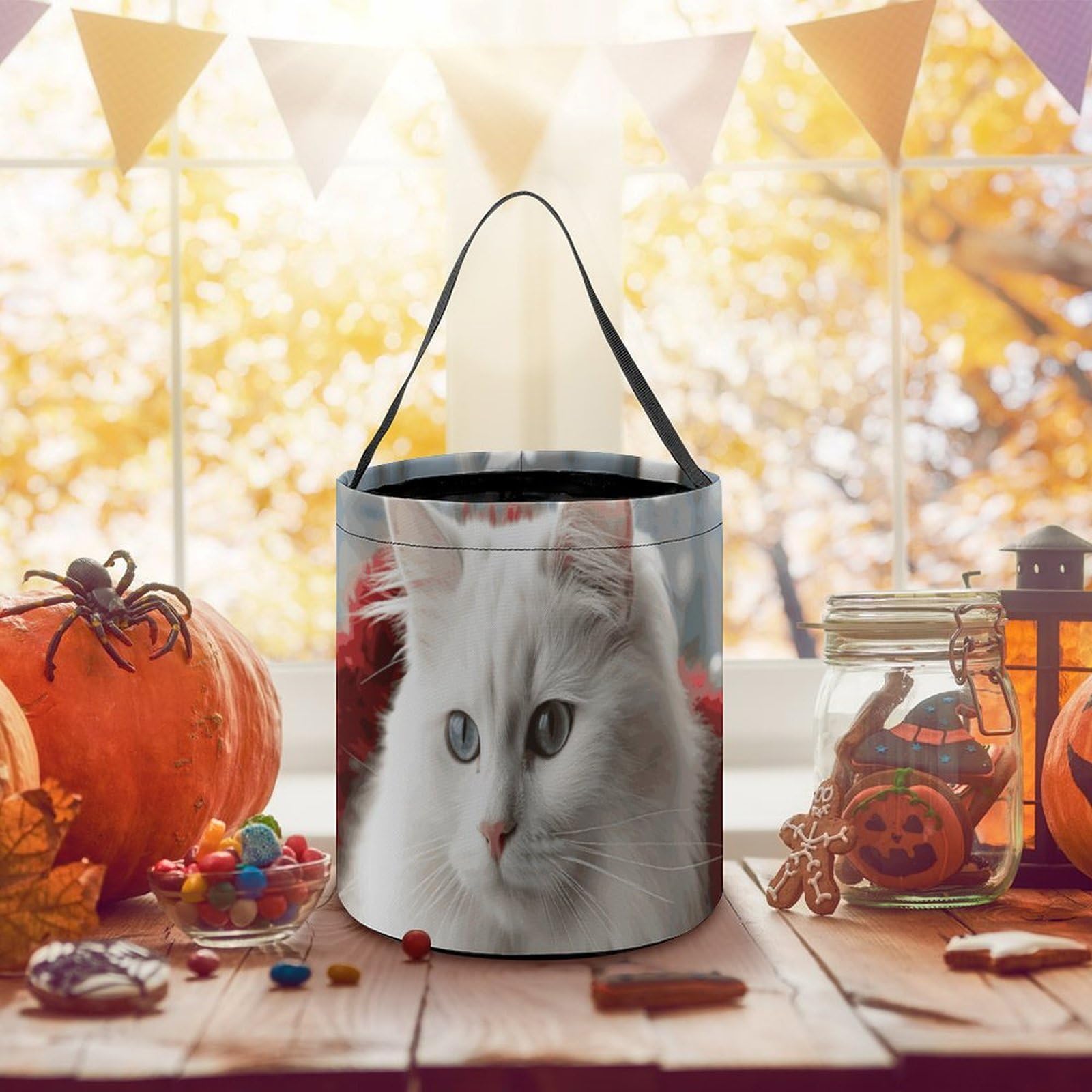 Cute White Cat Halloween Trick or Treat Bags - Reusable Candy Bucket with Handles for Kids, Halloween Party Favors & Supplies - Perfect for Trick-or-Treating, Halloween Parties & School Events