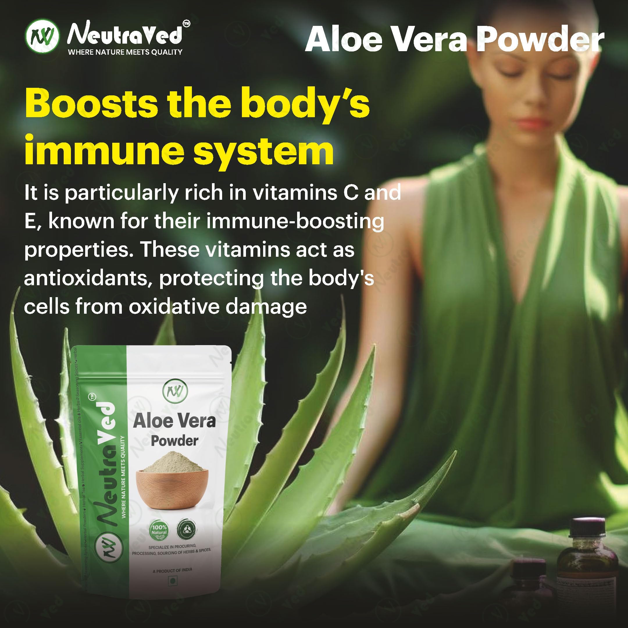 NeutraVed Organic Aloe Vera Powder 100g - 100% Pure Natural for Hair Growth, Face Care & Skin Hydration | DIY Beauty Recipes, Smoothies & Sunburn Relief