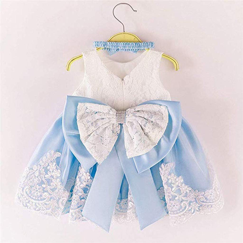 Baby Girls' Flower Pageant Formal Dress - Tulle Lace Bowknot Baptism & Birthday Gown with Headwear - Perfect for Christening, First Communion, and Special Occasions