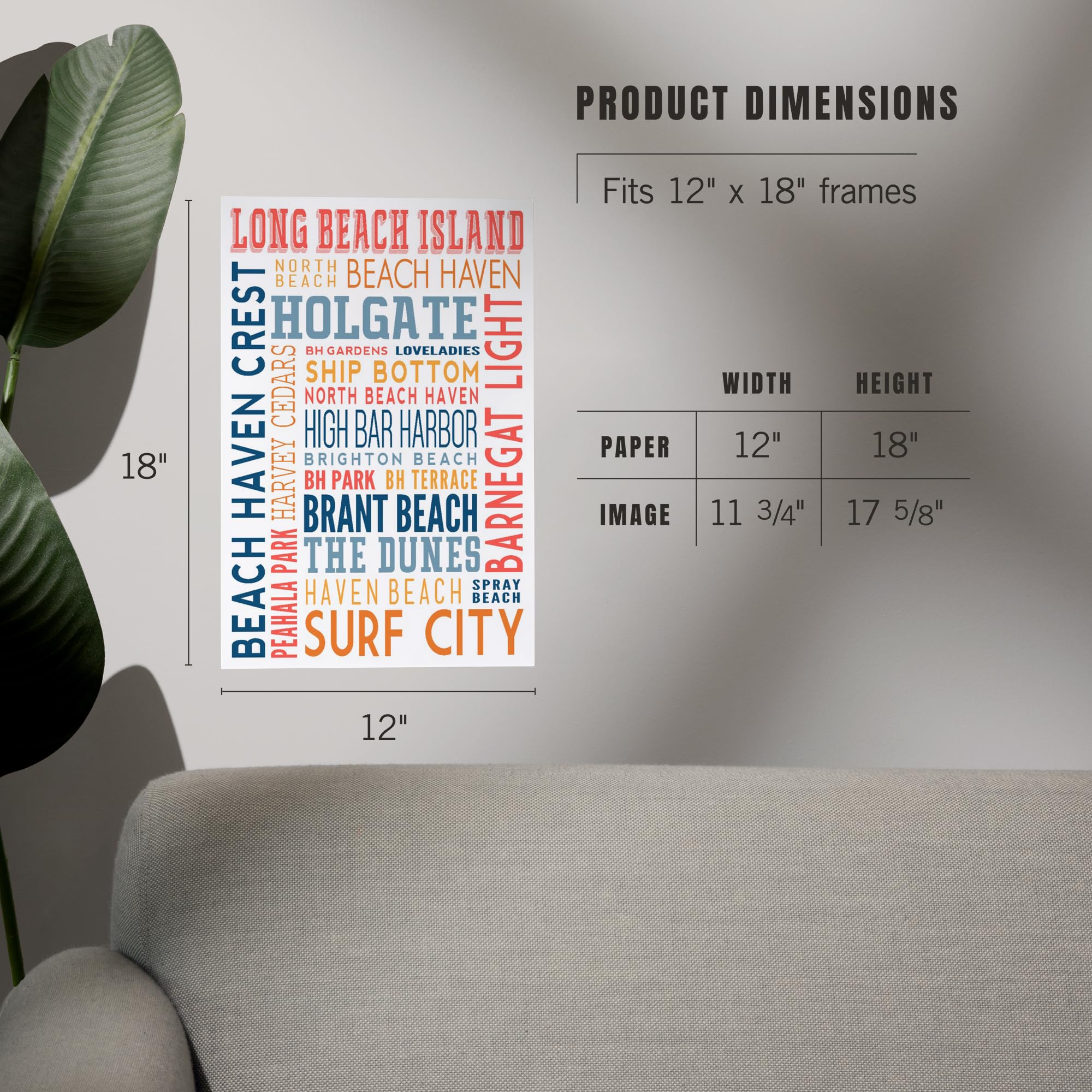Lantern Press 12x18 Inch Long Beach Island New Jersey Typography Art Print - White Framed Wall Decor for Living Room, Bedroom & Office