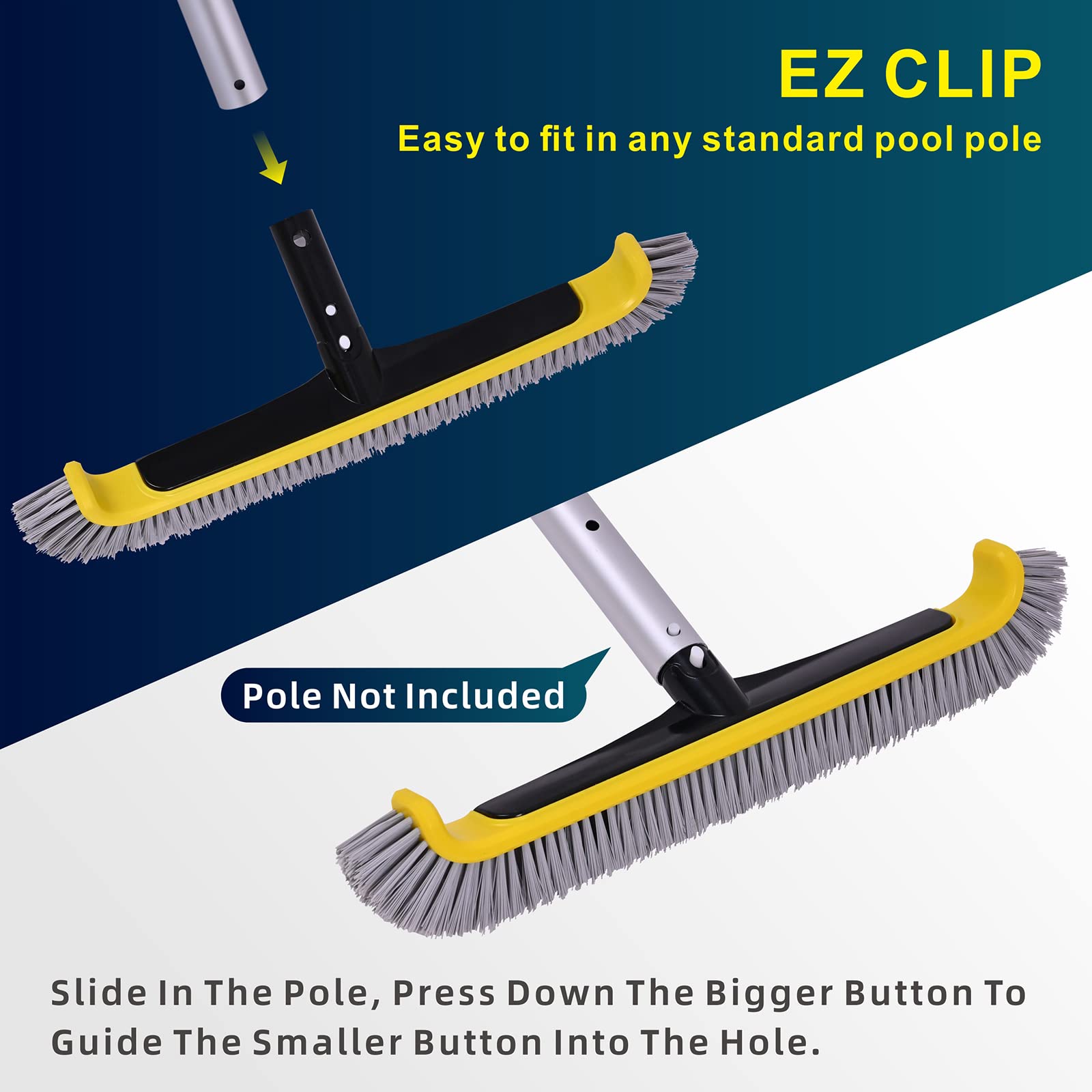 Heavy Duty Pool Brush with Aluminum Handle & Nylon Bristles - EZ Clip Design for Cleaning Pool Walls, Steps, Corners & Inground Pools - Perfect for Weekly Maintenance and Deep Cleaning