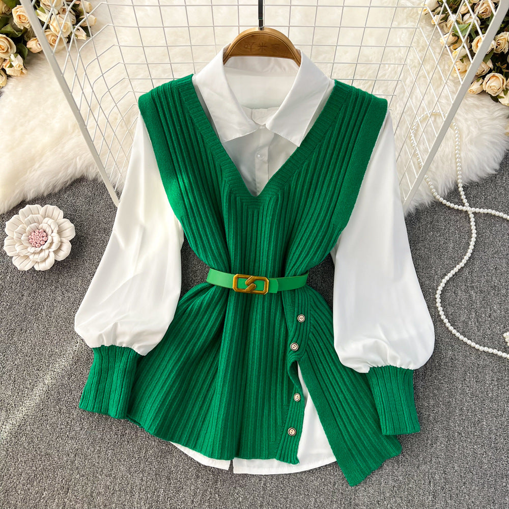 Stylish Autumn & Winter White Knit Vest & Loose Shirt Two-Piece Set with Side Slit - Perfect for Layering, Office Wear & Casual Outfits