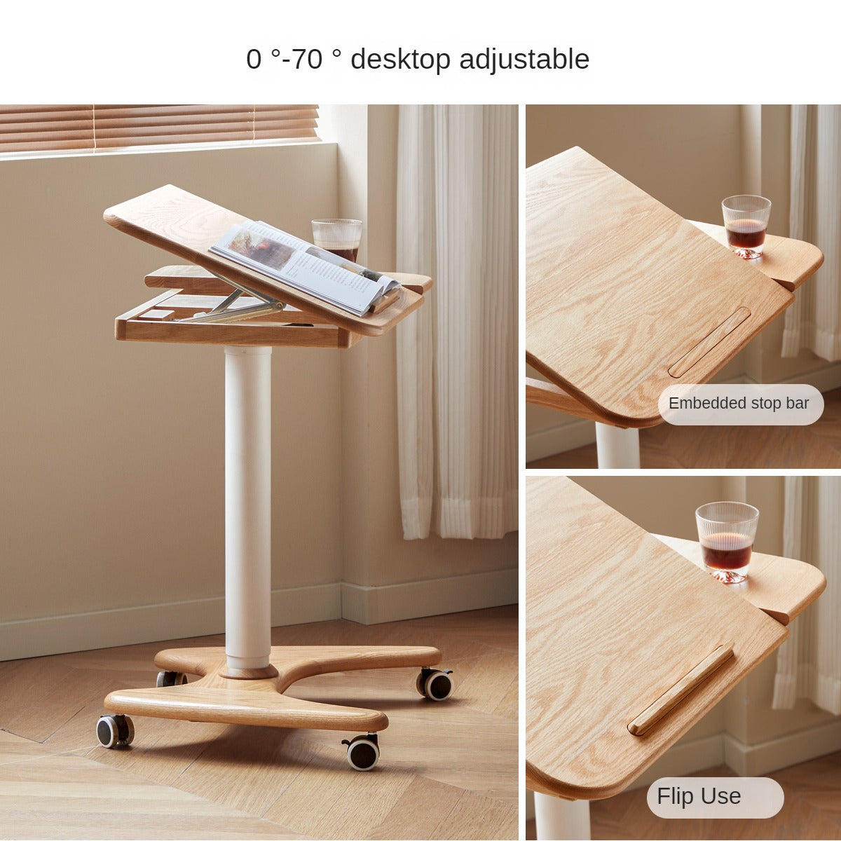 Solid Oak & Ash Wood Adjustable Height Standing Desk - Ergonomic Mobile Workstation for Home Office, Study & Workspace