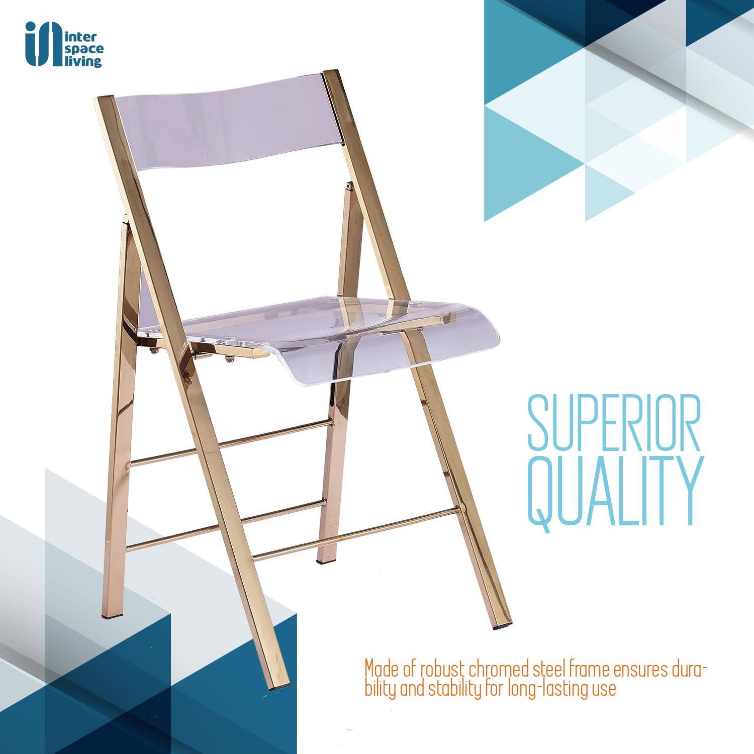 Kasper Flex Modern Acrylic Folding Chairs – Clear Transparent Lucite Chair with Chrome Steel Frame for Dining Room, Office, Patio, Wedding & Events – Space Saving Foldable Design – Gold Finish (Set of 1) – Perfect for Small Spaces, Home Decor & Party Seating