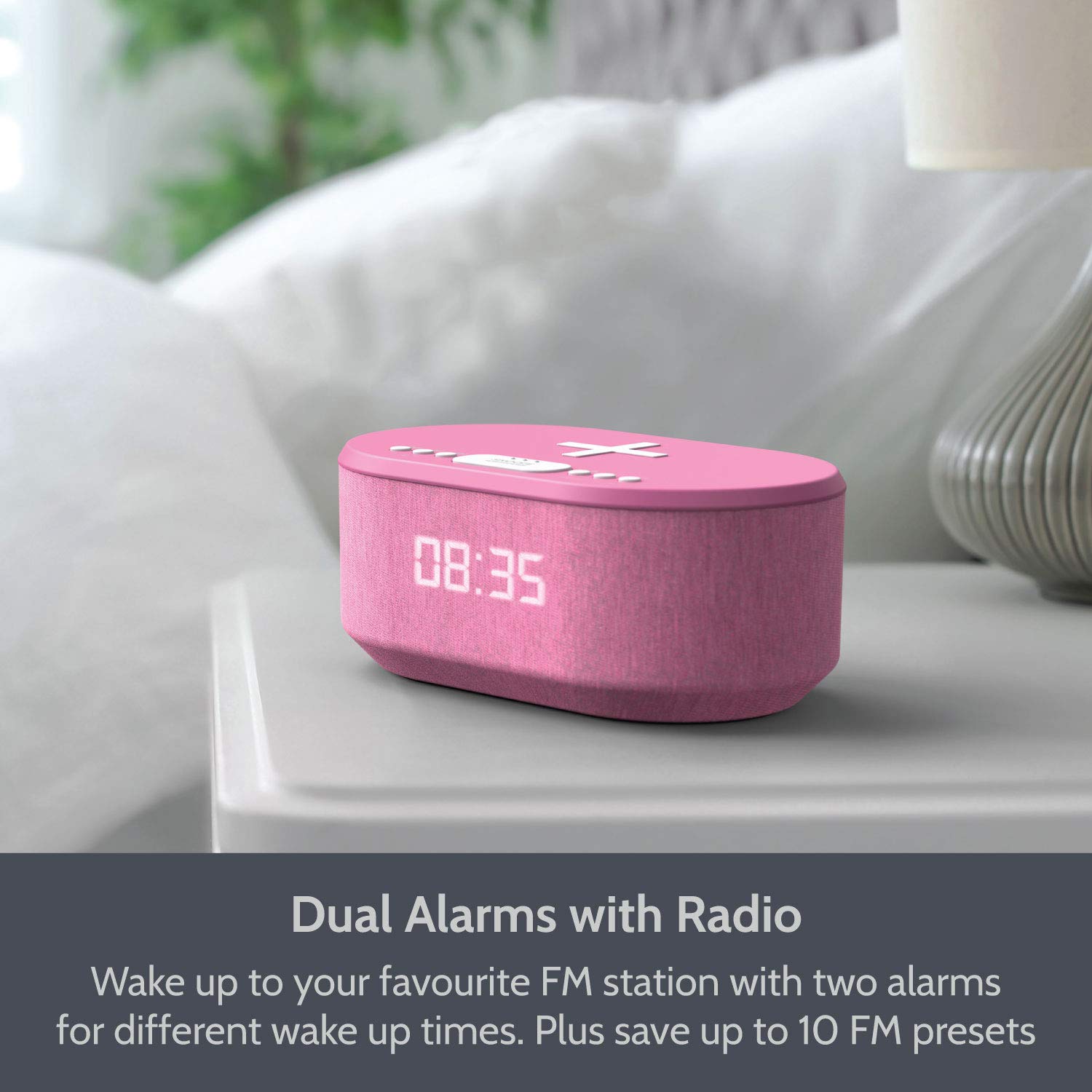 i-box Dawn Digital Alarm Clock with FM Radio, Wireless Charging & Bluetooth Speaker - USB Port, Dimmable Night Light for Bedroom (Pink) | Perfect for Home, Office & Travel Use