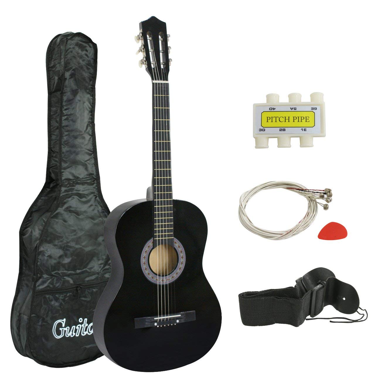 Smartxchoices 38 Inch Acoustic Guitar Bundle for Beginners - 6 String Right-Handed Guitar with Gig Bag, Strap, Pitch Pipe, Extra Strings & Picks - Ideal for Kids, Students, Youths & Adults (Black) | Perfect for Home Practice, Music Lessons & Outdoor Performances