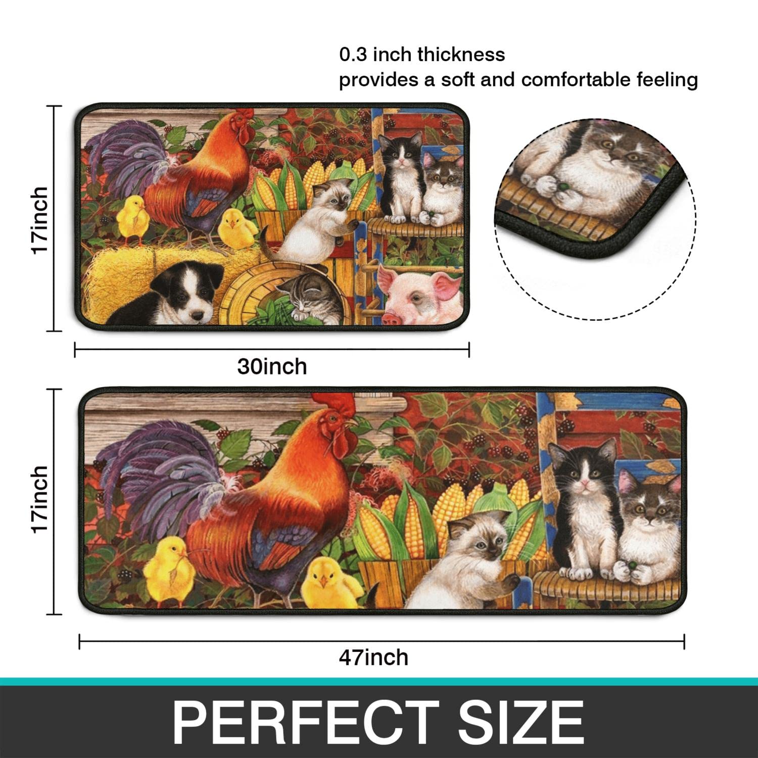 Farmhouse Kitchen Rugs and Mats Set of 2 - Non-Slip Washable Rooster Design Floor Mats for Home Decor (17x29 & 17x47 Inch) - Perfect for Farmhouse Style Kitchens, Holiday Cooking, and Seasonal Home Decorating