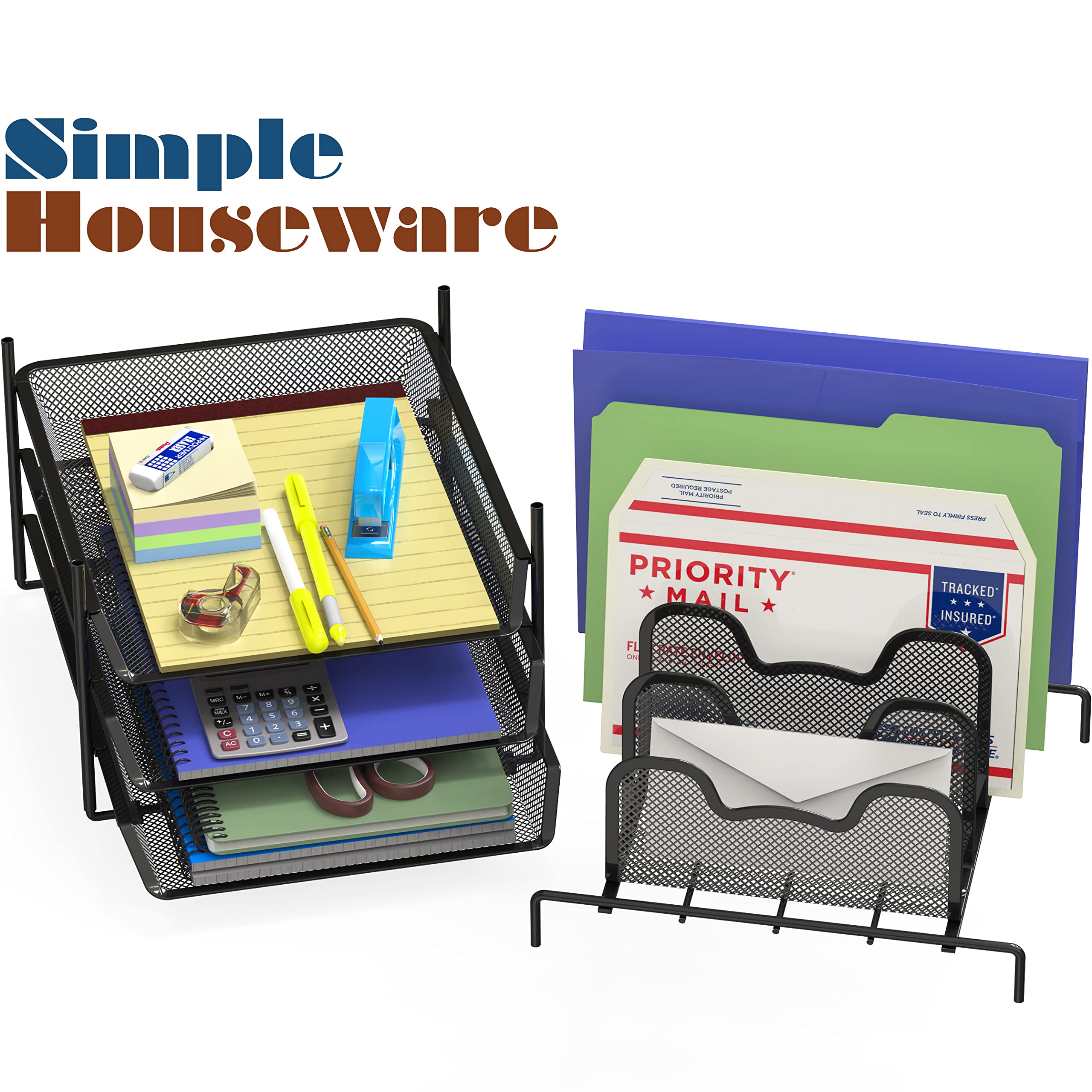 Black 3-Tier Sliding Tray & 5-Section Stackable Desk Organizer - Office Supplies for Paper Clips, Pens & Stationery - Perfect for Home Office & Workspace Organization