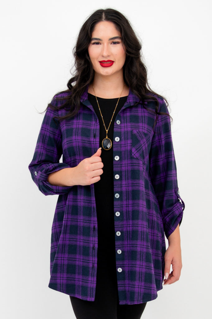 Celine Tunic Top - Acai Plaid Cotton Blouse for Women | Casual Office Wear & Spring Outfits