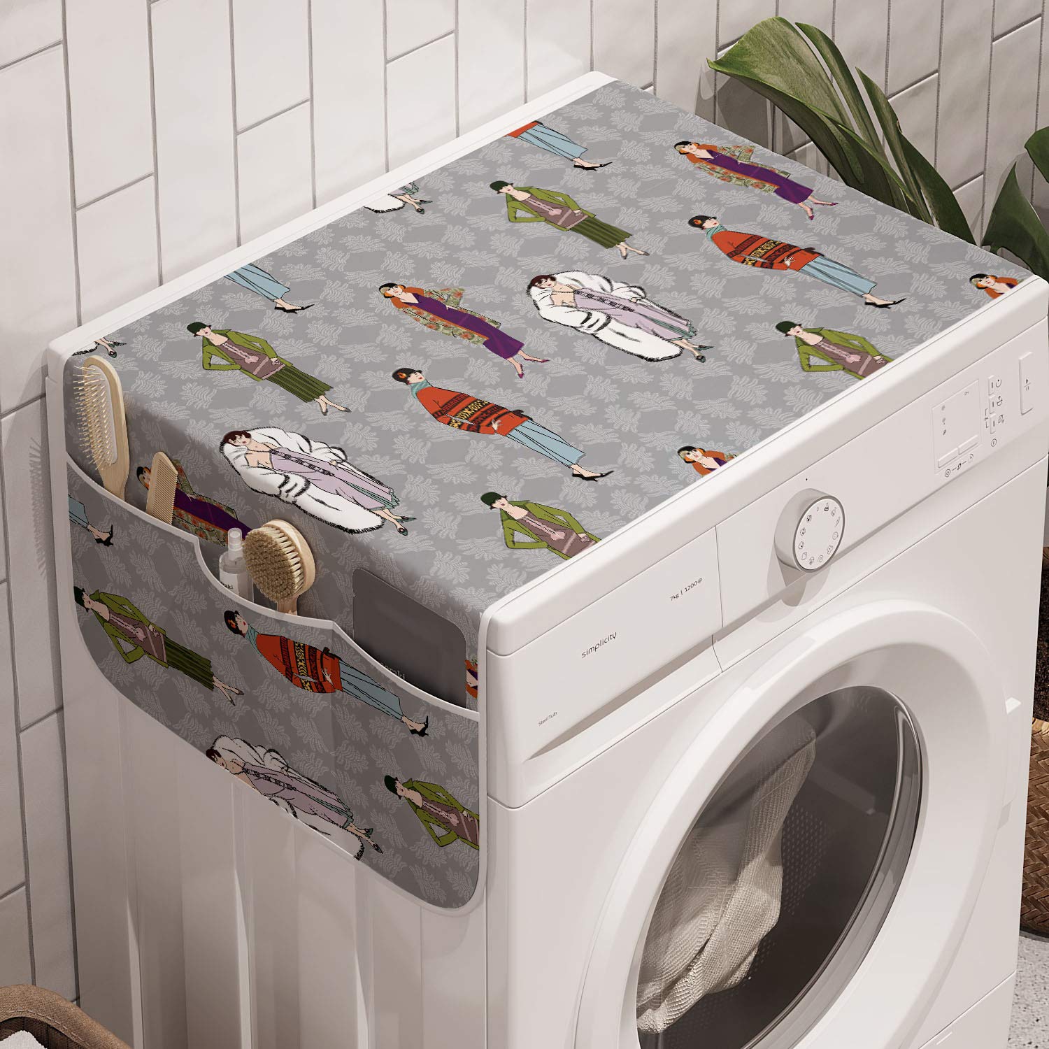 Ambesonne Retro Washing Machine Cover - Vintage 1920s Flapper Girls Design with Floral Background, Non-Slip Fabric Washer & Dryer Organizer (47