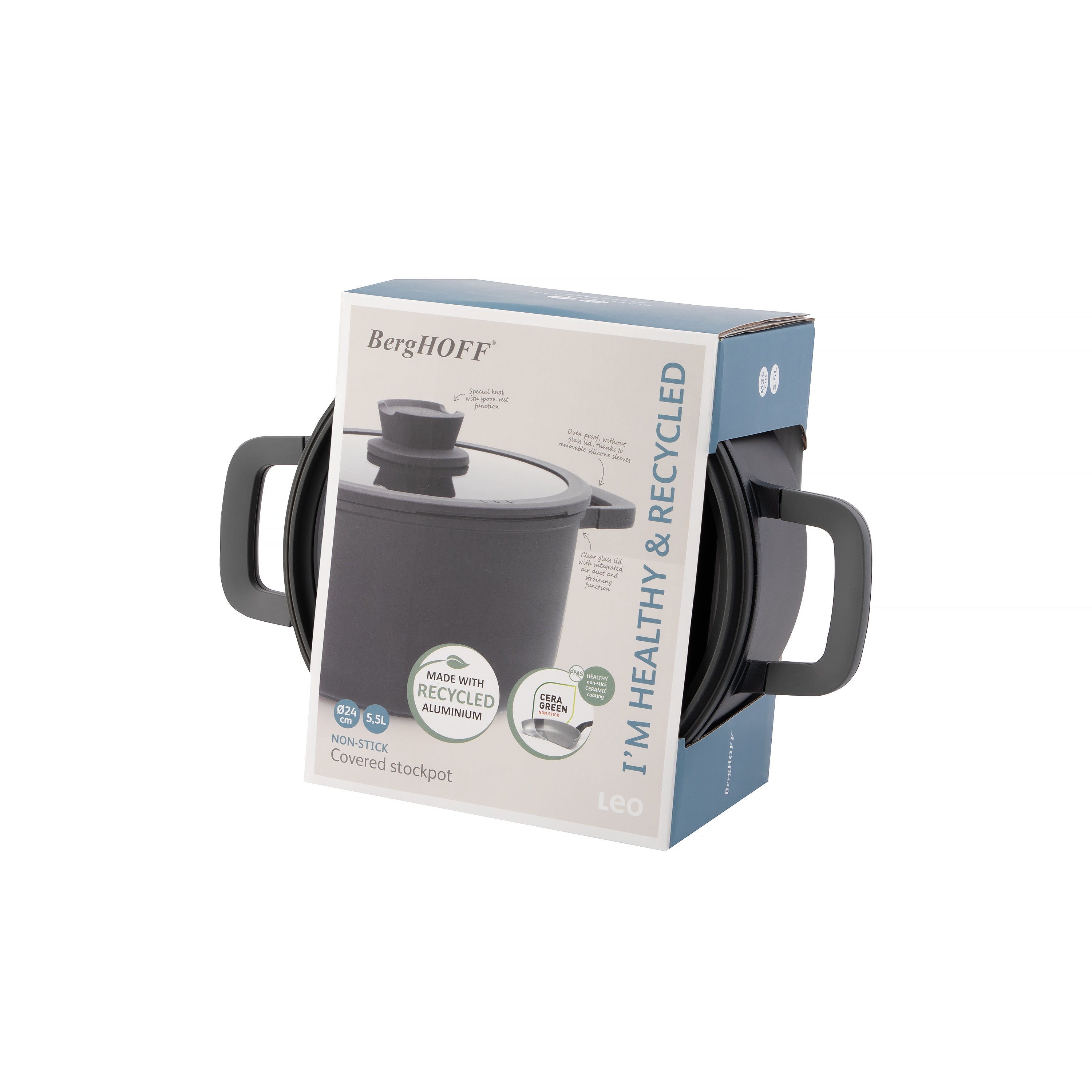 BergHOFF Leo Stone+ Nonstick Ceramic 10-Inch Stockpot 5.9 Quart with Lid - Eco-Friendly Recycled Material - Perfect for Soups, Stews & Pasta Cooking