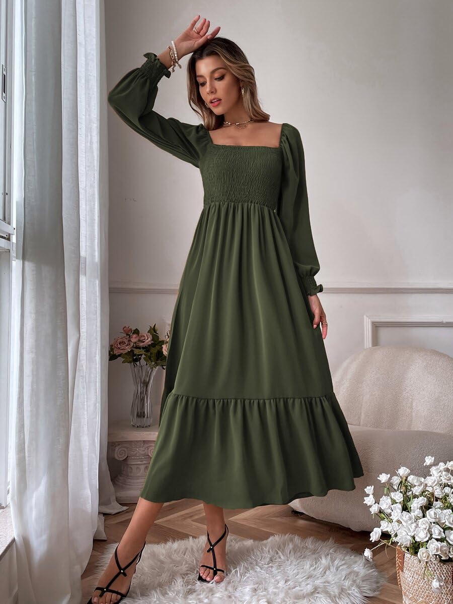 Women's Square Neck Casual Long Sleeve Maxi Dress - Ruffle Shirred Flowy Midi Dress for Spring Summer, Perfect for Beach Vacation, Date Night & Office Wear