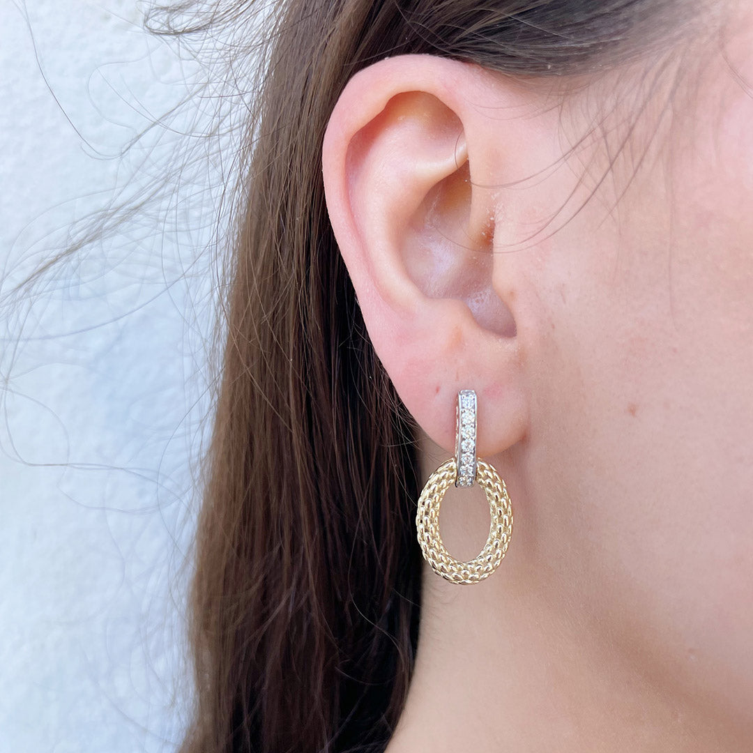 14K Gold Diamond Pavé & Oval Drop Two Tone Earrings for Women - Elegant Dangle Earrings for Weddings, Parties & Special Occasions