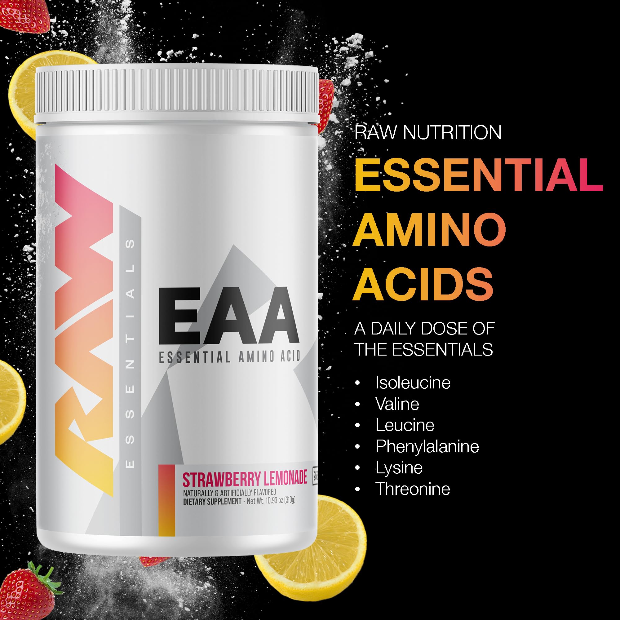 Premium RAW EAA Amino Acids Powder - Strawberry Lemonade Flavor (25 Servings) | Essential Amino Acid Supplement for Pre Workout, Post Workout Recovery, Muscle Growth & Endurance | BCAA & EAA Powder for Men & Women Athletes | Ideal for Gym Training, Bodybuilding & Fitness Enthusiasts