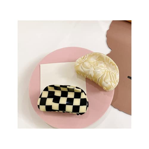 2Pcs Fashion Checkered Hair Claw Clips for Women & Girls - Strong Hold for Thick Hair, Retro Hair Styling Accessories (Black/Beige) by YOEMAYUNER - Perfect for Work, School & Everyday Hairstyles