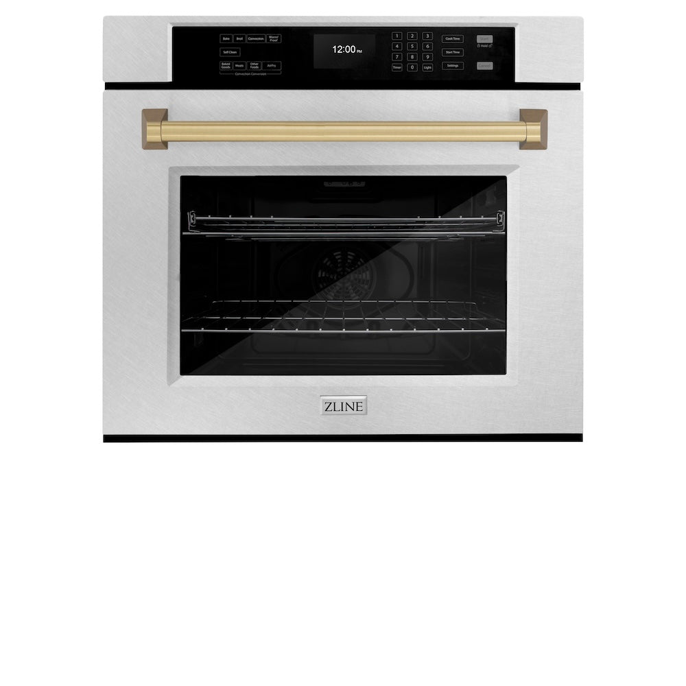 ZLINE Autograph Edition 30 Inch Professional True Convection Single Wall Oven with Air Fry & Self Clean - Satin Stainless Steel & Champagne Bronze Handle (WASSZ 30 CB) | Perfect for Home Chefs & Modern Kitchens