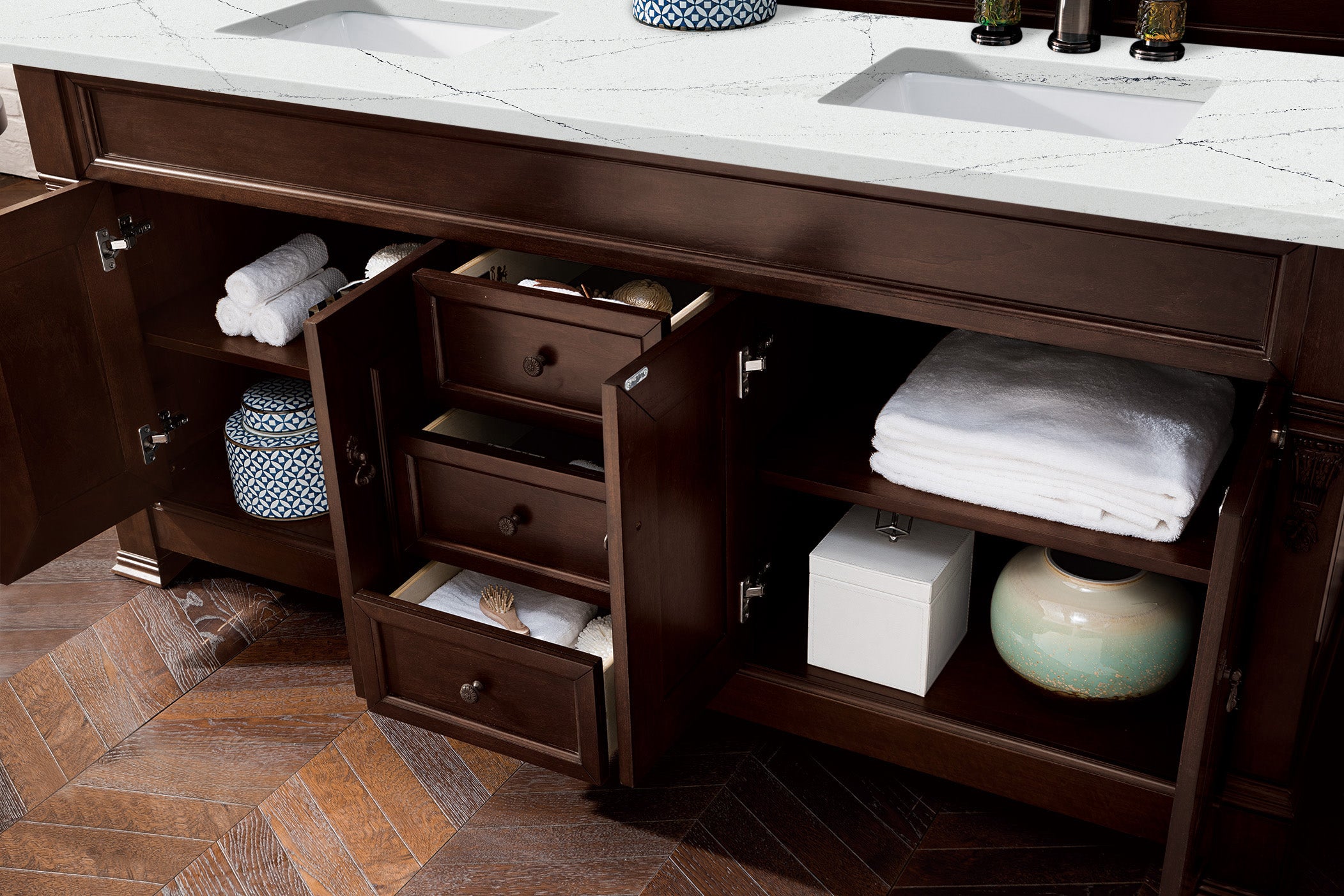 Brookfield 72 Inch Double Vanity with Burnished Mahogany Base & 3CM Ethereal Noctis Quartz Top - Perfect for Master Bathroom & Luxury Home Renovation
