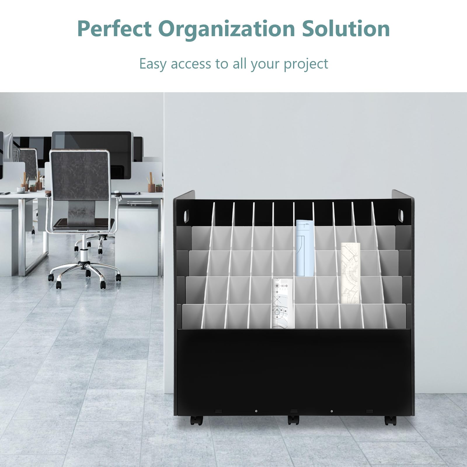 50-Slot Blueprint Storage Rack Cart with Wheels - Portable Construction Plan Holder & Organizer for Blueprints, Drawings, and Roll Files - Ideal for Architects, Engineers, and Construction Sites (Black)