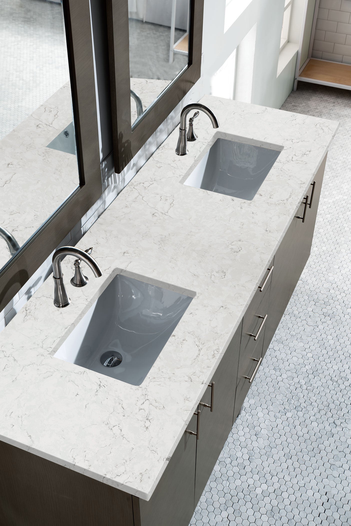 Metropolitan 72 Inch Double Bathroom Vanity with 3CM Eternal Jasmine Pearl Quartz Countertop in Silver Oak - Perfect for Master Bathroom Renovation and Modern Home Decor