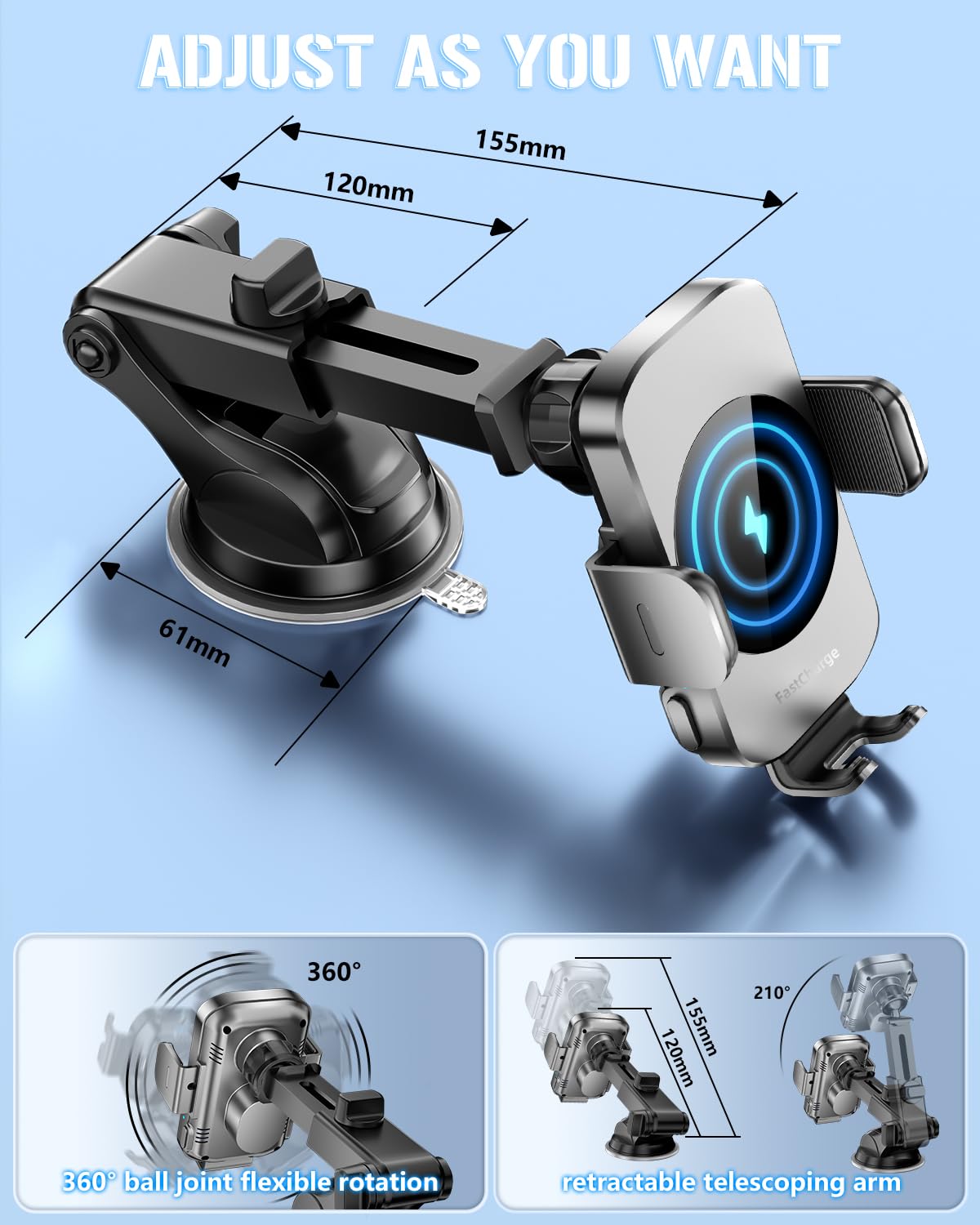 Fast Wireless Car Charger & Phone Holder - 3-in-1 Auto Clamping Mount for iPhone 16/15/14/13/12/11/XS/XR & Samsung S23 Ultra/S22/S21/S20/S10+/S9+/Note 9 - Perfect for Road Trips & Commuting