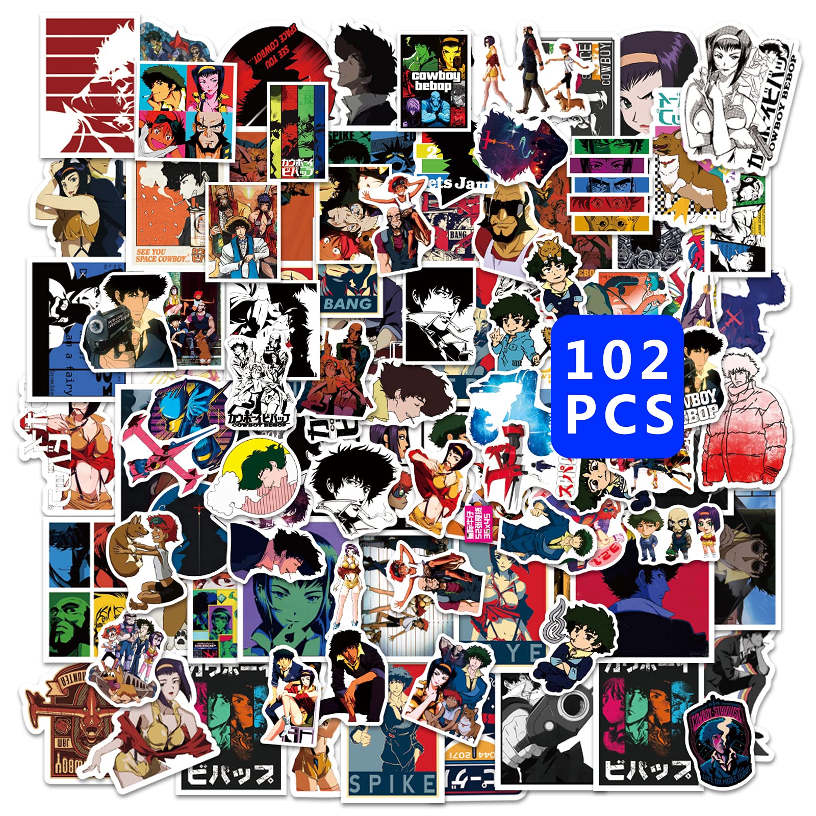 102PCS Cowboy Bebop Anime Stickers - Japanese Manga Vinyl Decals for Cars, Bikes, Laptops, Luggage & DIY Crafts | Perfect for Teens, Scrapbooking & Motorcycle Accessories | Durable Waterproof Stickers for Refrigerator, Bumper & Computer Decor