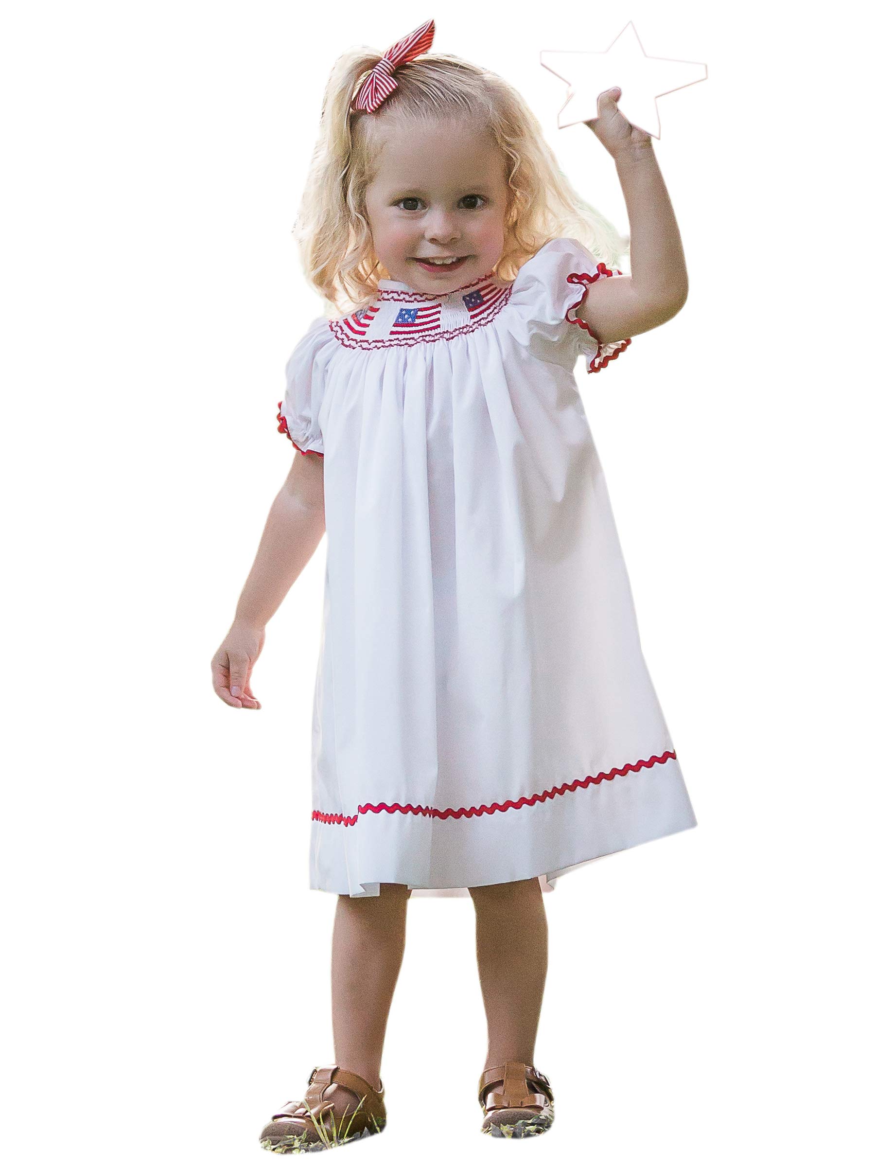 Hand-Smocked American Flag Baby Girl Dress - White Patriotic Toddler Outfit for Independence Day & USA Holidays | Perfect for 4th of July Celebrations, Memorial Day & National Events
