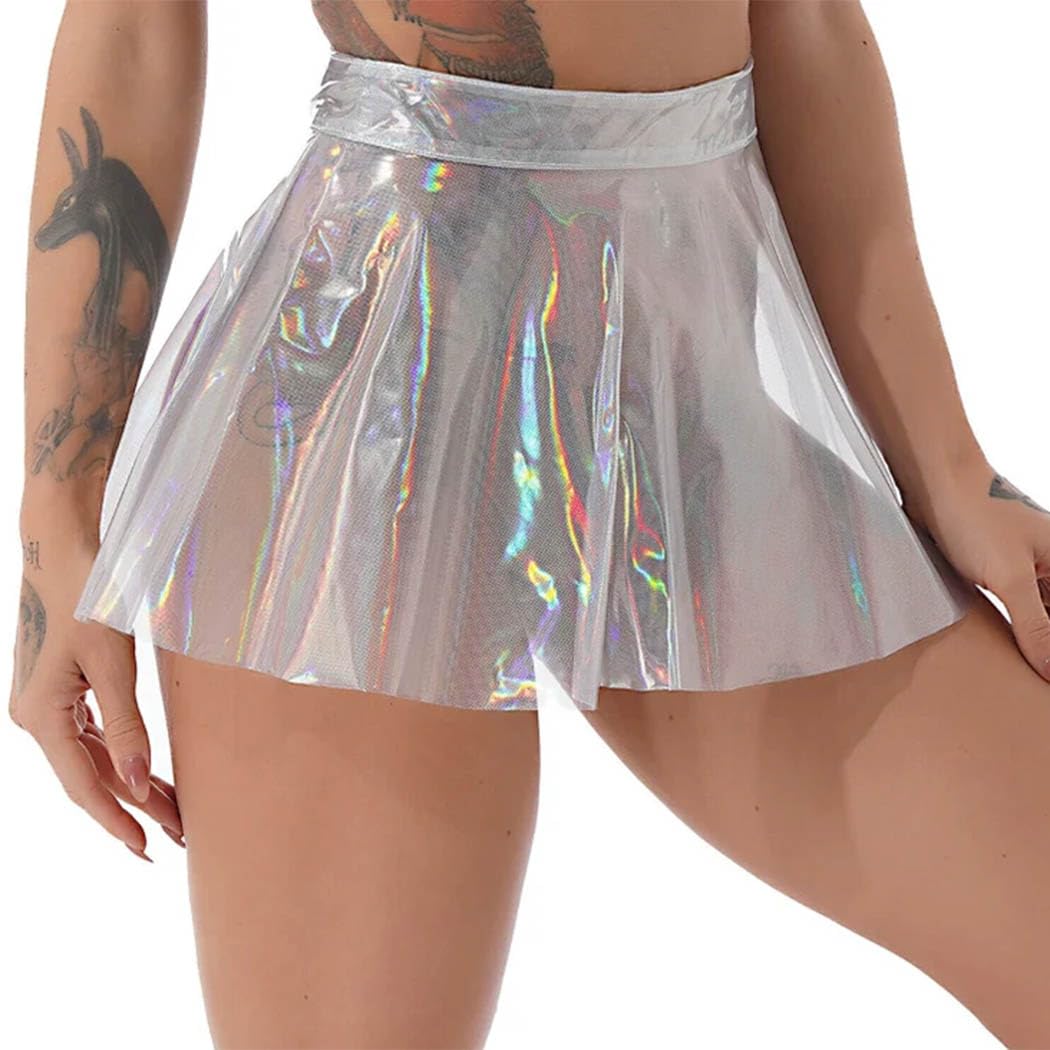 Women's High Waist Flared Pleated Mini Skirt - Shiny See-Through Clubwear Party Skirt for Women | Perfect for Night Out, Club Parties & Fashion Outfits