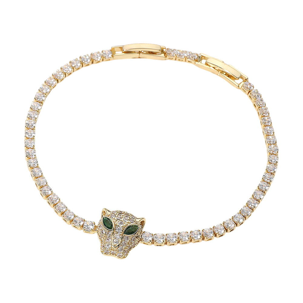 Panther Head CZ Cluster Gold Plated Tennis Chain Bracelet for Men - Stylish Hip Hop Jewelry Gift for Parties & Special Occasions