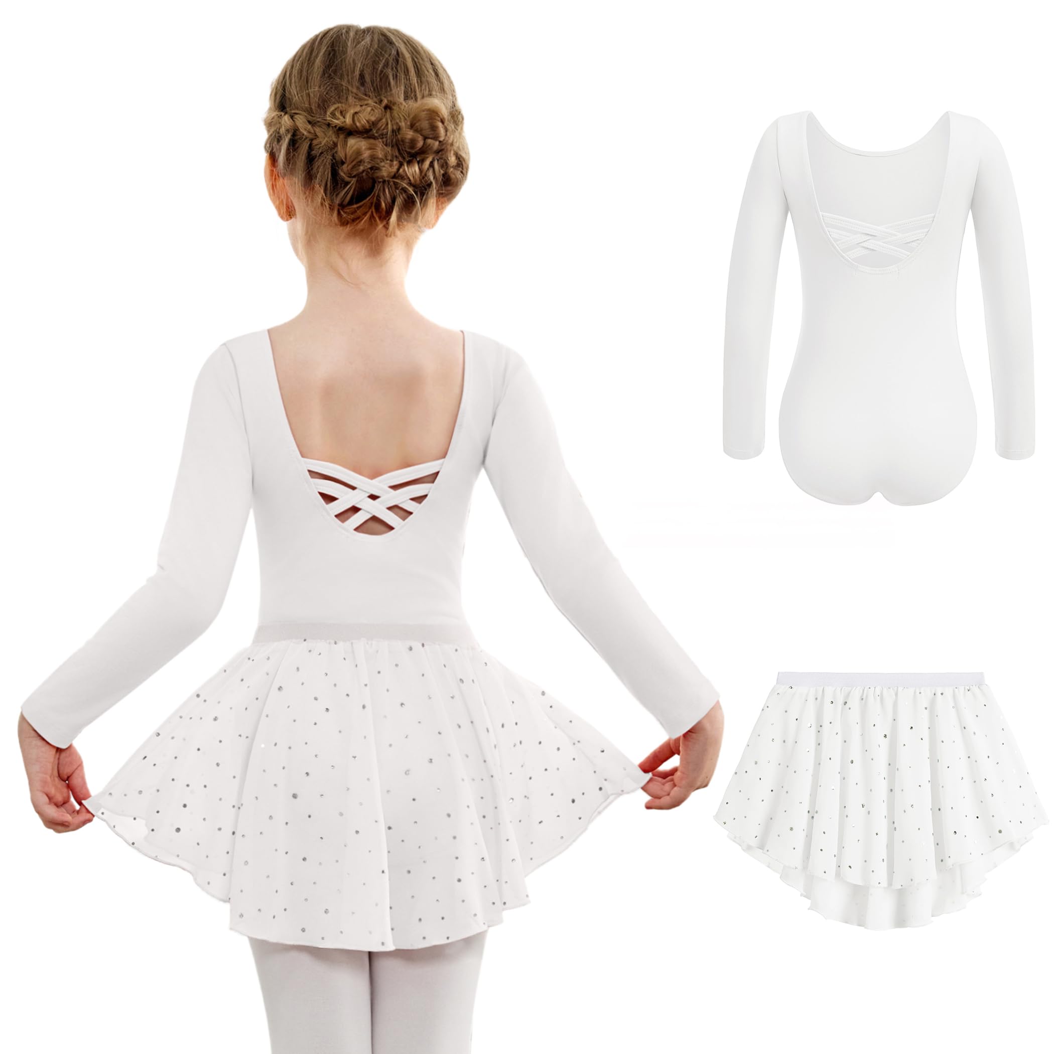 Arshiner Girls Ballet Leotard with Chiffon Skirt - Long Sleeve Crisscross Back Toddler Dance Outfit Set for Ballet, Jazz, Recital & Performance (Pink, Size 3-4T)