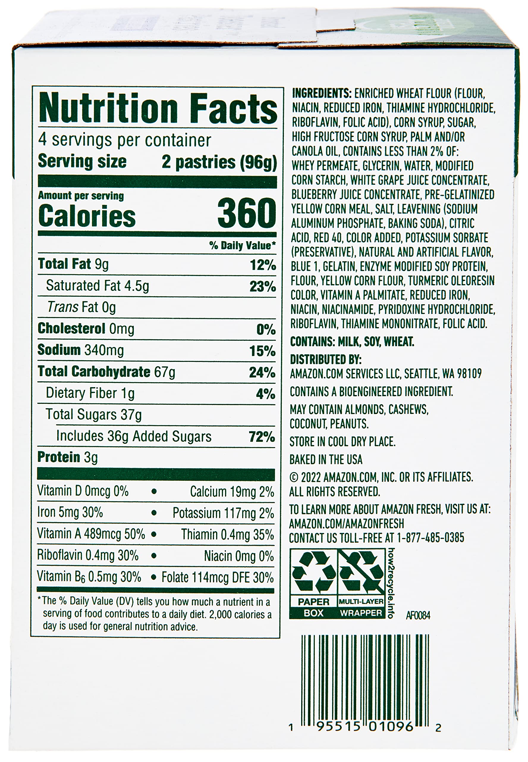 Amazon Fresh Frosted Blueberry Toaster Pastries - 8 Count Pack | Delicious Breakfast Pastries for Kids & Adults | Perfect for Quick Breakfasts, School Lunches & Office Snacks
