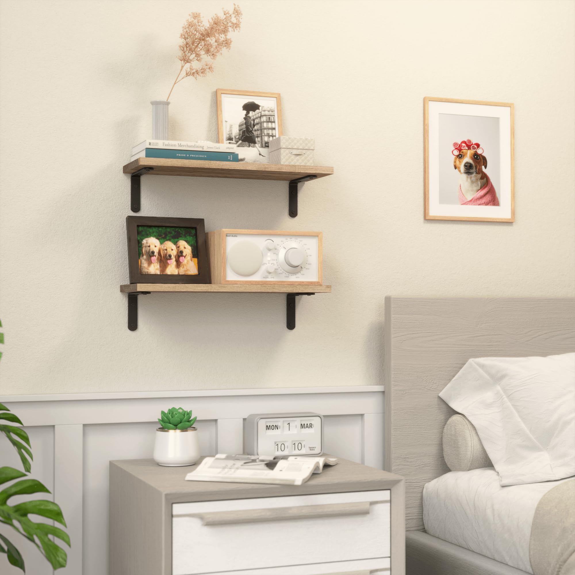 RICHER HOUSE Set of 2 Rustic Wood Floating Shelves - Farmhouse Style Wall Decor, Carbonized Black - Perfect for Bathroom, Bedroom, Kitchen, Living Room Storage & Organization | Wall Mounted Shelves for Home Décor & Display