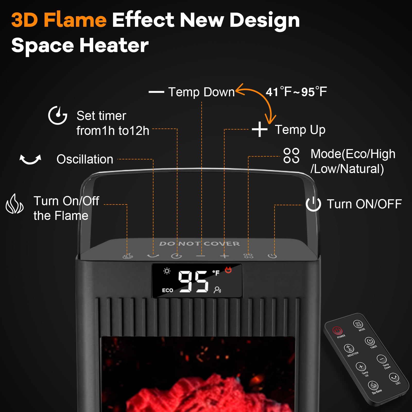 Upgraded 1500W Portable Electric Ceramic Space Heater with Infrared Sensor & Fireplace Flame Effect - Fast Heating Oscillating Room Heater for Indoor Use in Bedroom, Office, Desk, Garage - Perfect for Winter Warmth & Home Decor