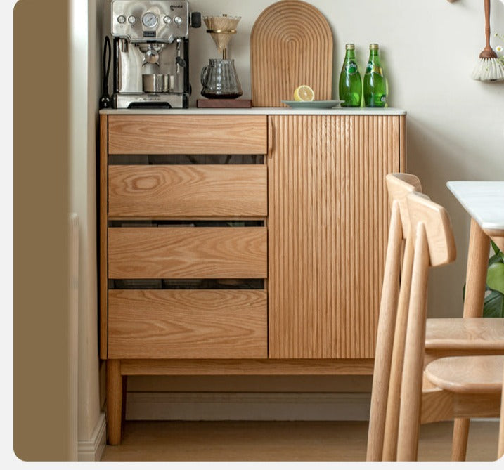 Solid Oak Wood Modern Rock Board Side High Tea Cabinet Buffet - Stylish Storage for Dining Room, Living Room & Kitchen | Perfect for Tea Parties, Buffets & Home Decor