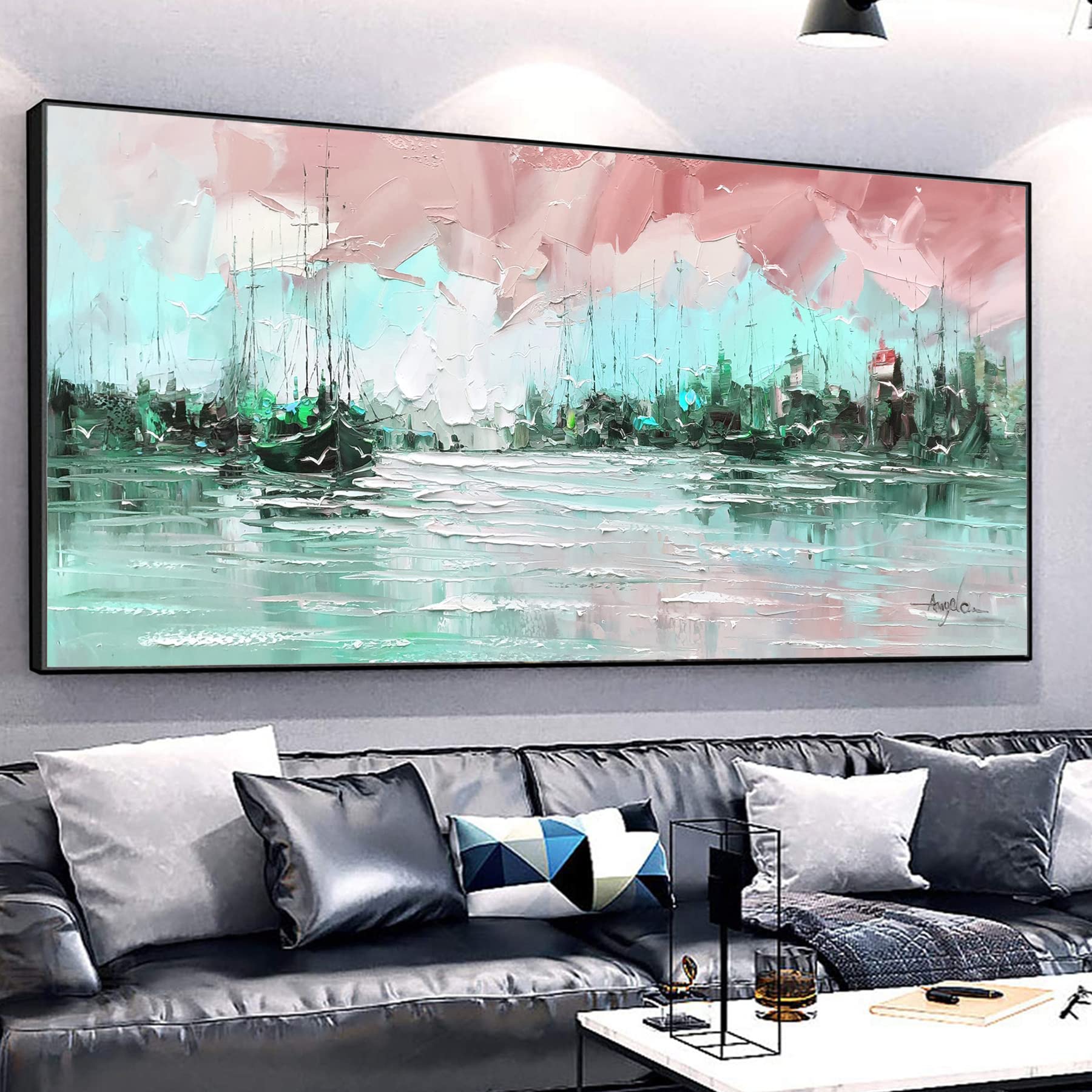 Original Hand-Painted Ocean Oil Painting on Canvas - Nautical Christmas Decor, Large Wall Art (96x48 Inch Unframed) - Perfect for Home Decor, Housewarming Gifts & Coastal Living Rooms