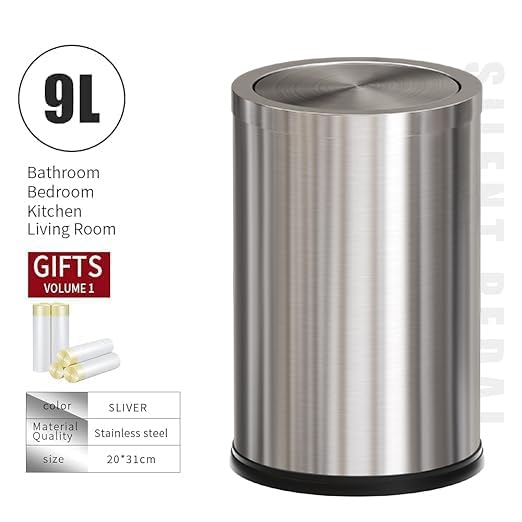 Premium Stainless Steel Trash Can with Lid - 2.4 Gallon Small Bathroom Garbage Bin, Flip Top Design for Bathroom, Hotel, Office & Laundry - Elegant Metallic Gold/Silver Finish | Perfect for Home, Office & Commercial Spaces