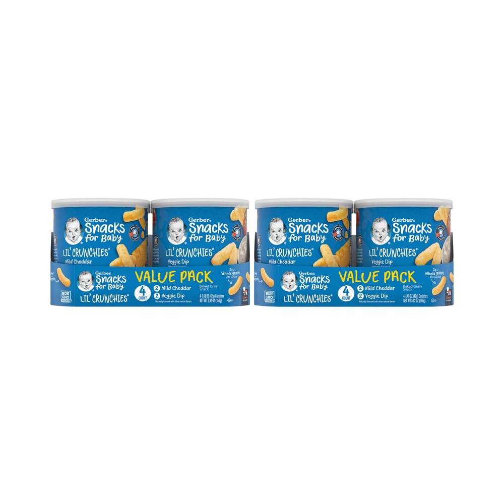 Gerber Baby Snacks Value Pack - Lil Crunchies Mild Cheddar & Veggie Dip, 1.48oz (8 Pack) | Healthy Toddler Finger Food for On-the-Go, Daycare & Travel Snacking