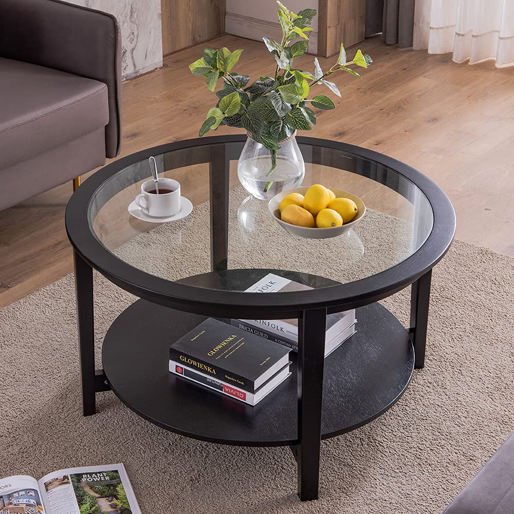 Lifeisbetter 36 Inch Modern Round Coffee Table with Large Storage Space, Glass Top Side Table for Living Room & Dining Room, Sturdy Metal Frame (Black) - Perfect for Small Spaces, Home Decor & Entertaining Guests